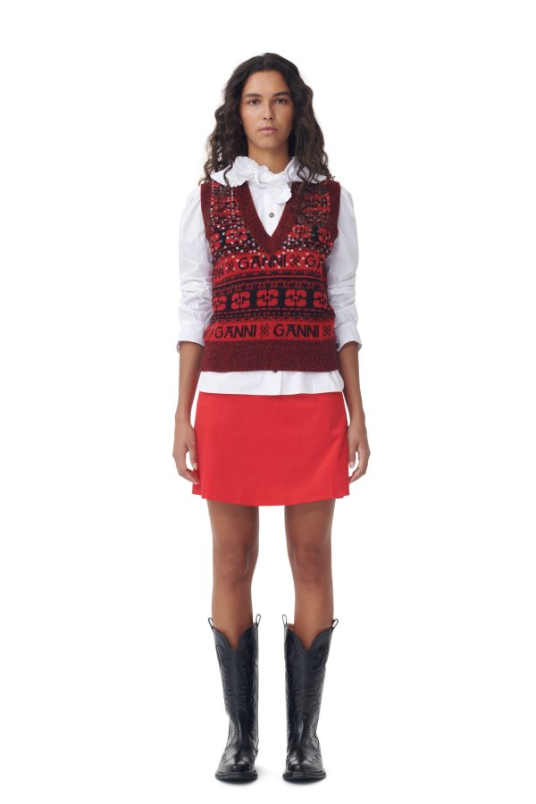 Red Shiny Corduroy Mini Skirt