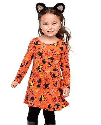 Toddler Girls Long Sleeve Halloween Print Knit Skater Dress | The Children's Place - SQUASHORG