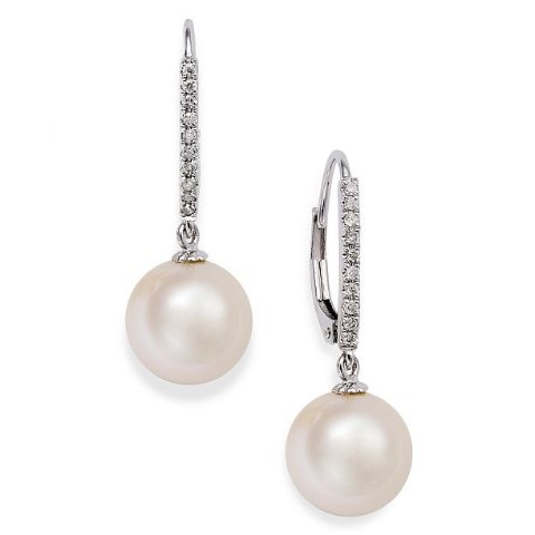 Macy s14k White Gold Earrings, Cultured Freshwater Pearl (10mm) and Diamond ( 1/10 ct.t.w) Leverback Earrings (Also available in 14k yellow gold or pink cultured freshwater pearls in 14k rose gold)