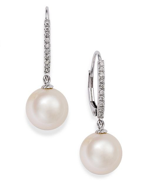 14k White Gold Earrings, Cultured Freshwater Pearl (10mm) and Diamond ( 1/10 ct.t.w) Leverback Earrings (Also available in 14k yellow gold or pink cultured freshwater pearls in 14k rose gold)