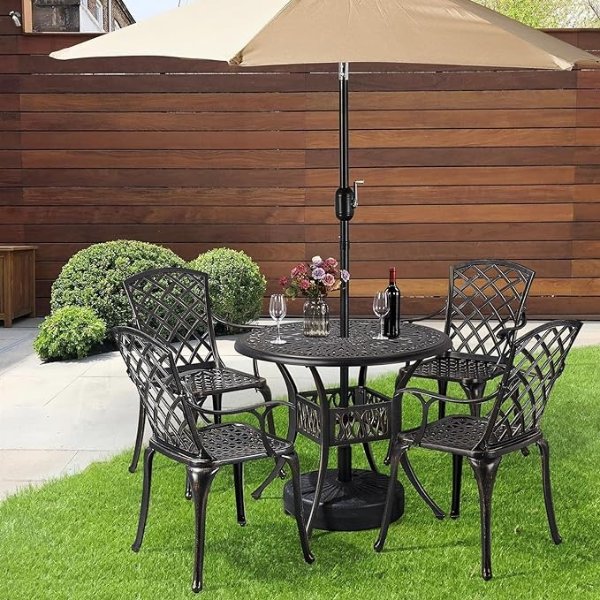 5-Piece Outdoor Furniture Dining Set, All-Weather Cast Aluminum Conversation Set for Yard Garden Deck, Includes 4 Chairs and 1 Round Table with Umbrella Hole