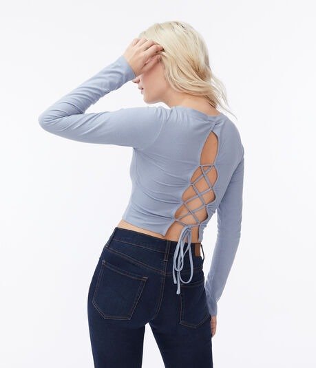 Long Sleeve Strappy-Back Bodycon Crop Top***