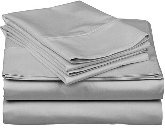 True Luxury 1000-Thread-Count 100% Egyptian Cotton Bed Sheets, 4-Pc Queen Silver Sheet Set, Single Ply Long-Staple Yarns, Sateen Weave, Fits Mattress Upto 18'' Deep Pocket
