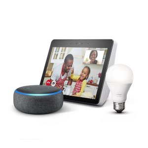 Echo Show (2nd Gen) Sandstone Bundle with free Echo Dot Charcoal and Philips Hue Bulb