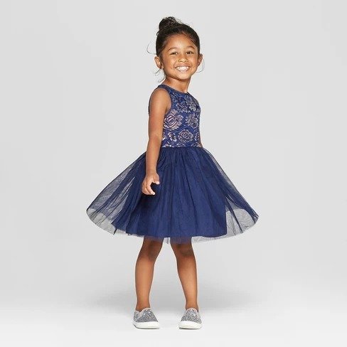 Mia & Mimi Toddler Girls' Dropped Waist A Line Dress - Navy