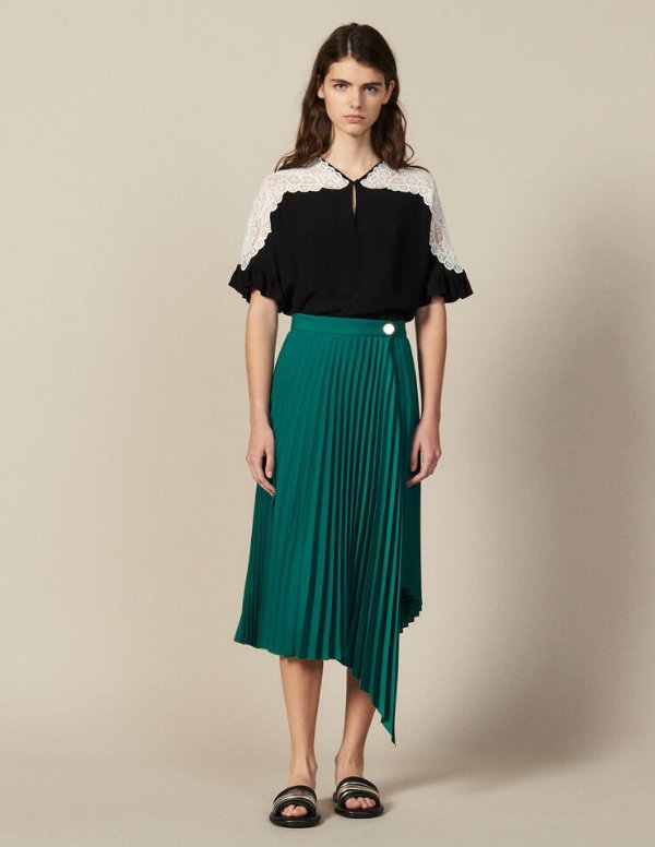 Wraparound Pleated Asymmetric Skirt