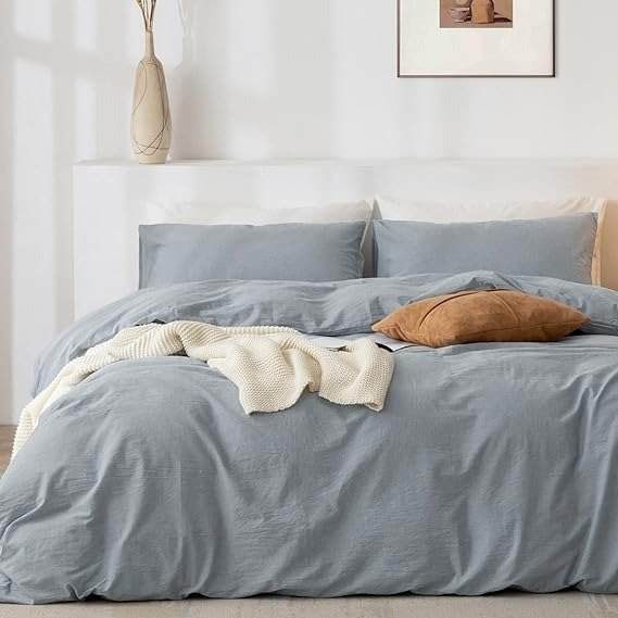 Queen Duvet Cover Set- 100% Washed Cotton 3 Pcs Soft Comfy Breathable Chic Linen Feel Bedding, 1 Duvet Cover and 2 Pillow Shams, Cornflower Blue