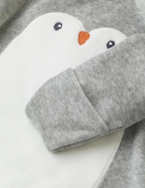 Velour Sleepsuit And Hat Set - Shale Grey Penguin | Boden US