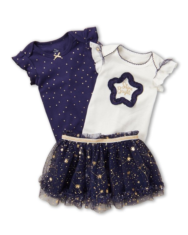 (Newborn Girls) 3-Piece Star Short Sleeve Bodysuits & Skirt Set