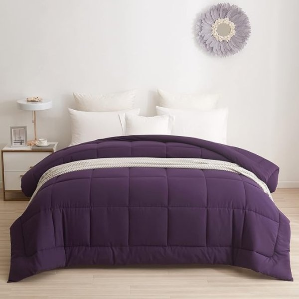 Down Alternative Comforter with Corner Tabs - All Season Quilted Twin XL Size 240 GSM Purple Comforter, Machine Washable Microfiber Bedding
