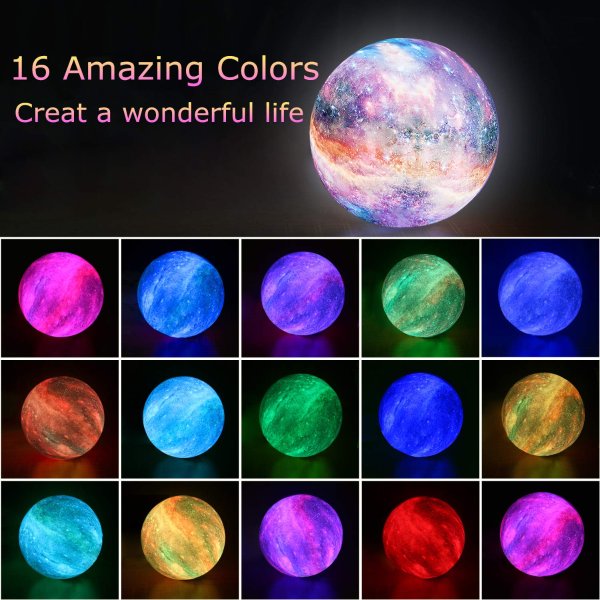 LOGROTATE Moon Lamp , 16 Colors Galaxy Lamp 3D Printing Moon Light with Stand/Remote Control/Touch/USB Rechargeable/Timer
