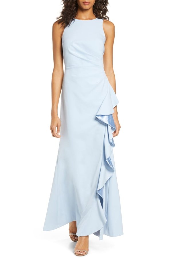 Ruffle Slit Trumpet Gown
