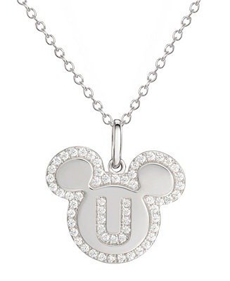 Mickey Mouse Cubic Zirconia Initial Pendant 18" Necklace in Sterling Silver