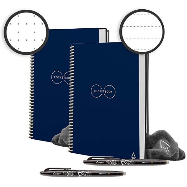 Holiday Bundle - 2 Smart Reusable Notebook Set with 1 Lined & 1 Dot Grid Notebook, 2 Pilot Frixion Pens & 2 Microfiber Cloths - Midnight Blue Cover, Executive Size (6" x 8.8")