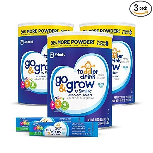 Go & Grow by Similac Milk Based Toddler Drink, (Pack Of 3) 36oz cans + 2 On-The-Go Stickpacks