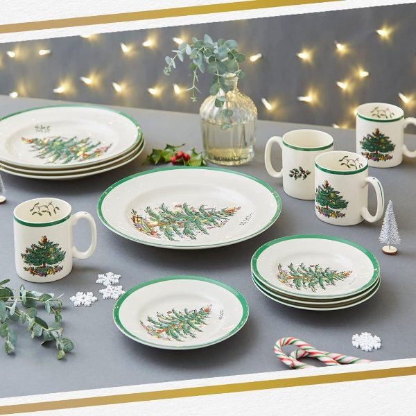 Christmas Tree 12 Piece Dinnerware Set | Service for 4 | Dinner Plate, Salad Plate, and Mug | Made of Fine Earthenware | Microwave and Dishwasher Safe