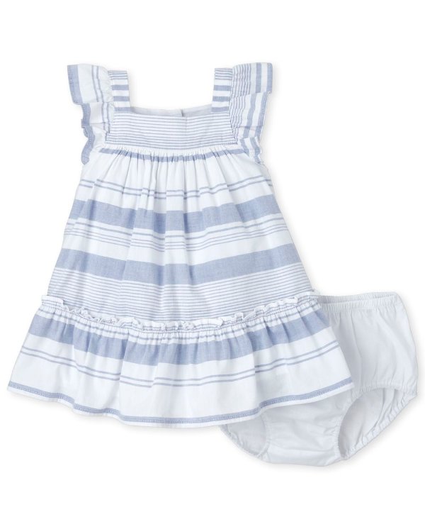 Baby Girls Mommy And Me Short Flutter Sleeve Striped Woven Matching Ruffle Dress And Bloomers Set