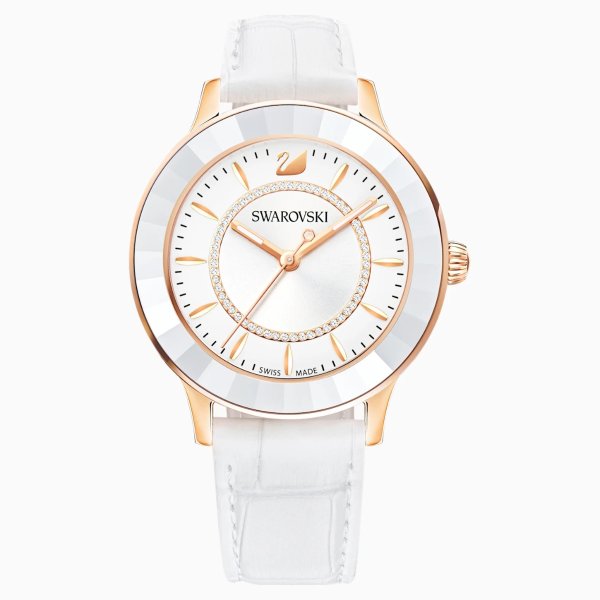 Octea Lux Watch, Leather strap, White, Rose-gold tone PVD by SWAROVSKI