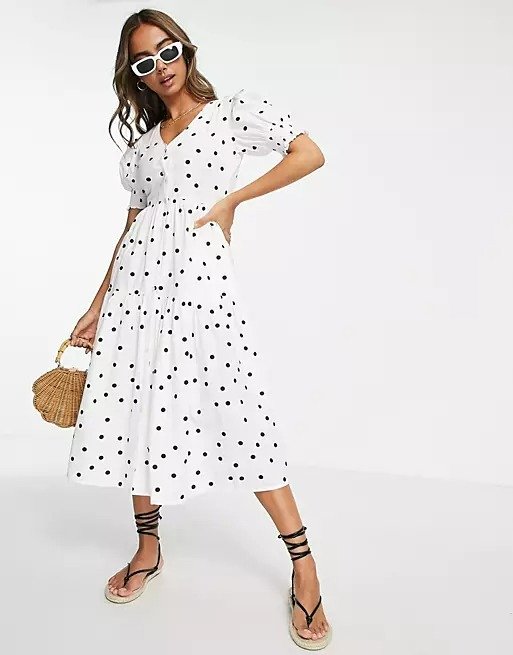 tiered poplin midi dress in white polka dot