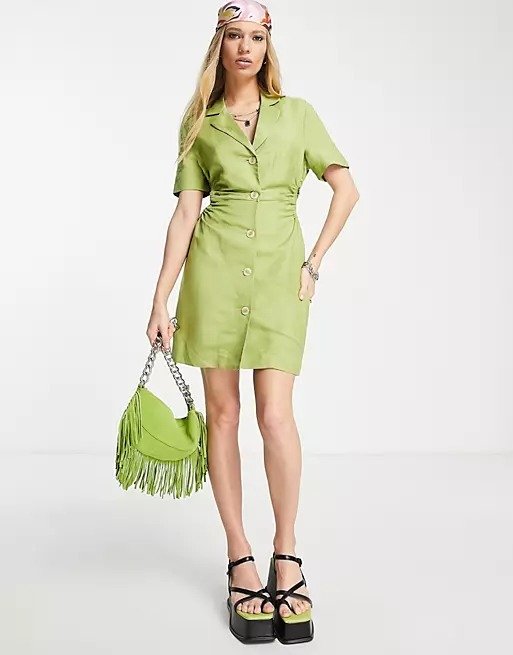 ruched cut out detail tailored dress in lime