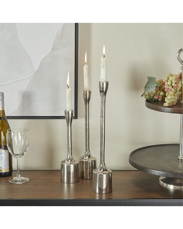 Set Of 3 Silver Aluminum Tapered Candle Holder