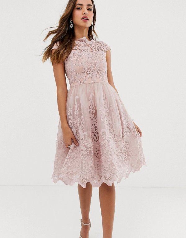 premium lace midi prom dress with bardot neck in mink | ASOS