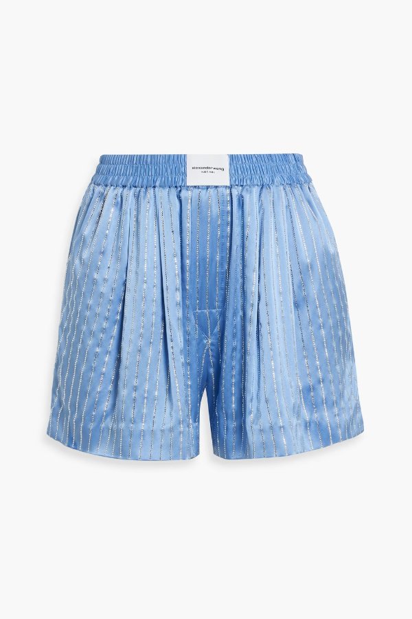 Crystal-embellished striped silk-satin shorts