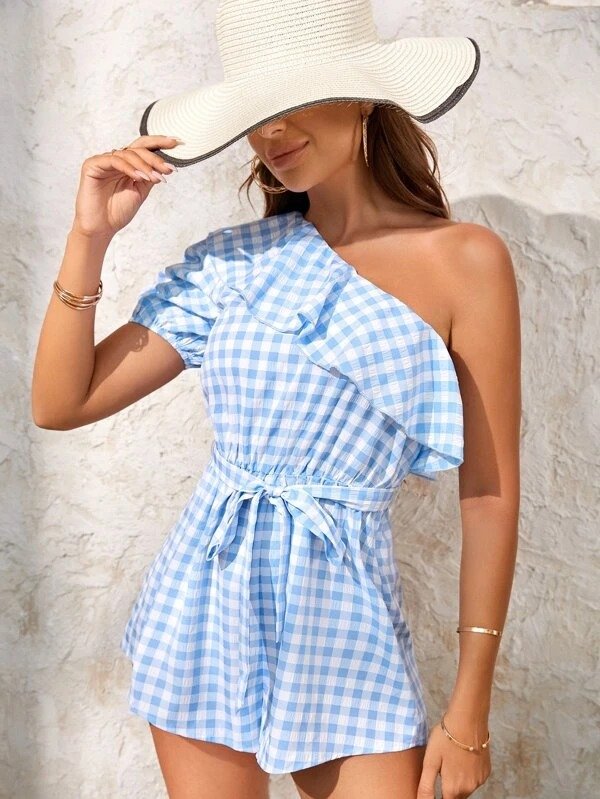 1pc Gingham One Shoulder Ruffle Trim Belted Romper