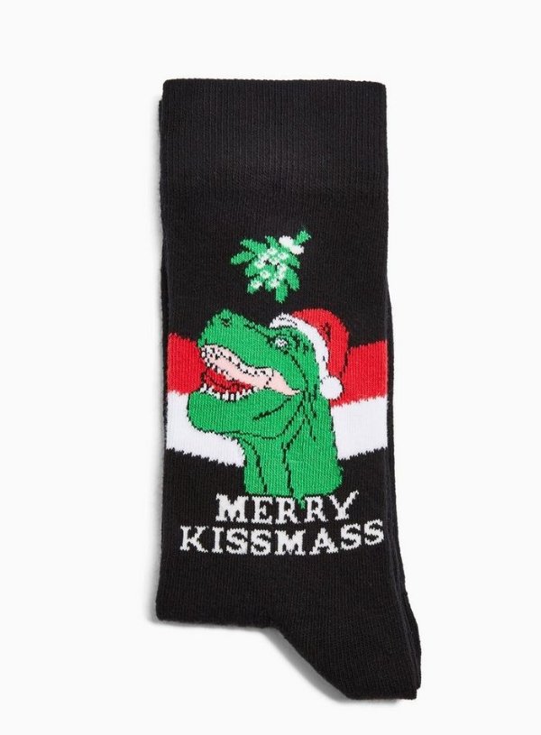Holiday Blck Santa T-Rex Dinosaur Socks