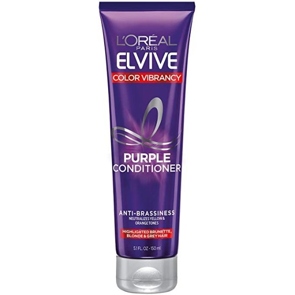 Elvive Color Vibrancy Anti-Brassiness Purple Conditioner for Color Treated Hair, neutralizes Yellow & Orange Tones, Highlighted Brunette, Blonde & Grey Hair, 5 1 Fl Oz
