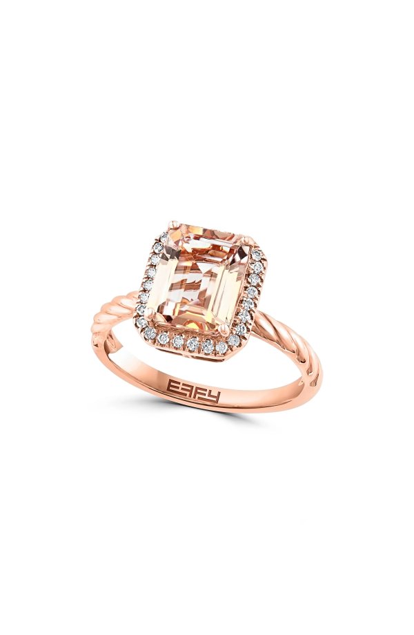 14K Rose Gold Morganite & Pave Diamond Ring - Size 7