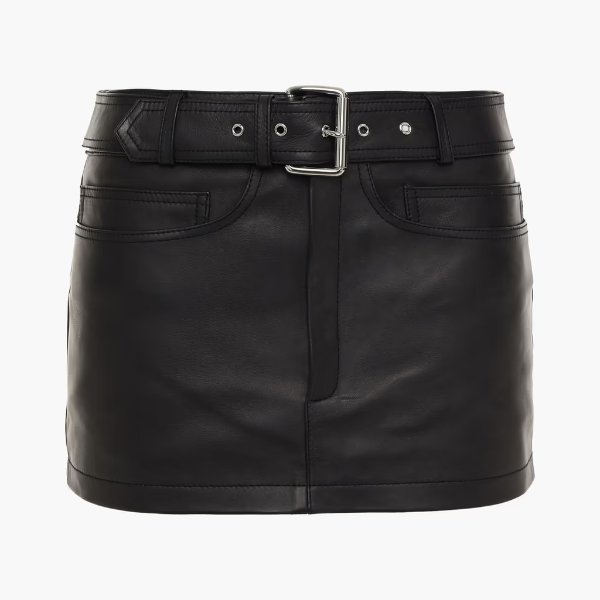 Belted leather mini skirt
