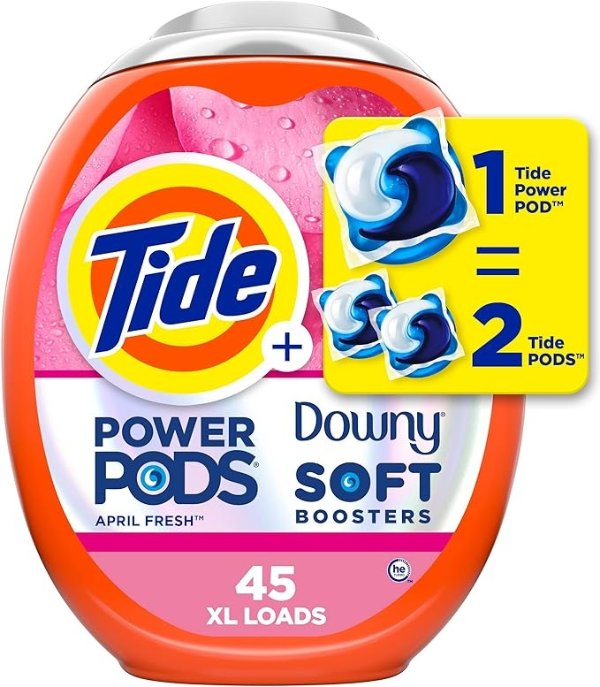Power PODs 2-in-1 Laundry Detergent Pods with Downy Soft Boosters, Lasting Freshness with April Fresh Scent, 45 Count