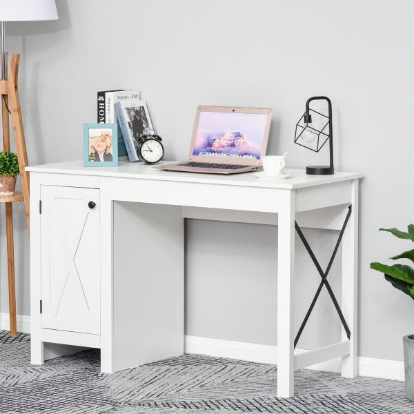 HOMCOM Computer Table Desk Writing Workstation with Cabinet Metal X-Bar for Living Room Bedroom Study Office Dorm White Home, Writing Tables | Aosom