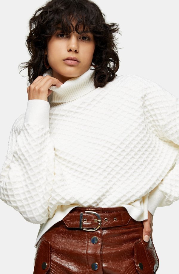 Quilted Oversize Turtleneck Sweater