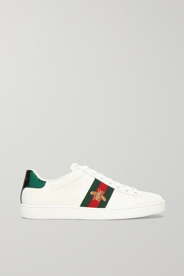 Ace watersnake-trimmed embroidered leather sneakers