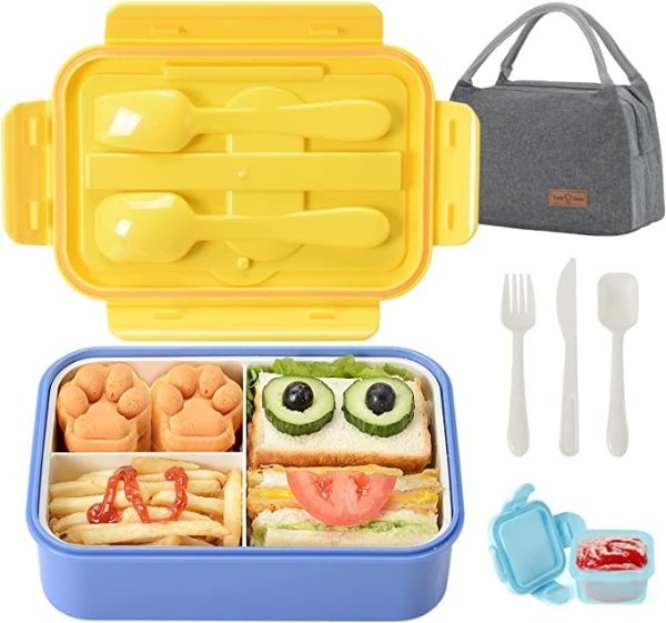 Bento Box Lunch Box Lunch Bags for Kids Men Women Adults,with Insulated Lunch Bags Keep Warm and Cold,Leak-proof with Spoon Fork Knife for Work School Picnic, Microwave Dishwasher Safe, 1400ML(Blue)