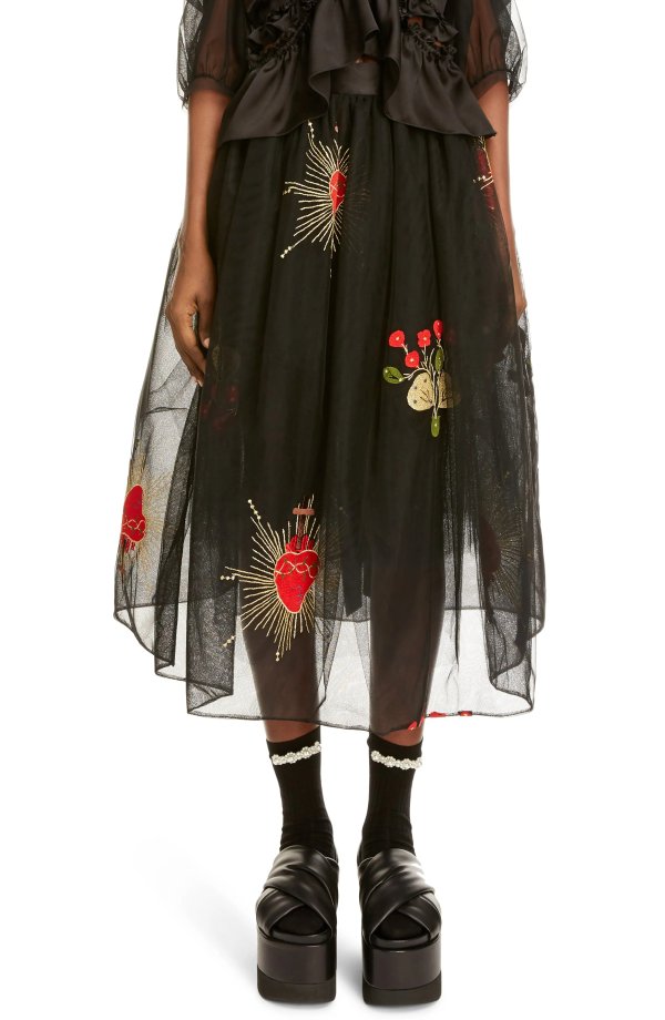 Embroidered Tutu Midi Skirt