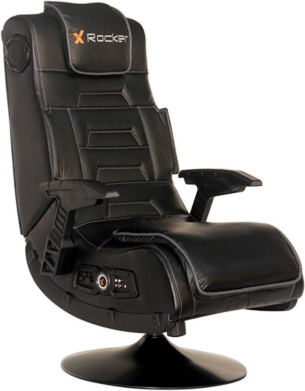 Pro Series 2.1 Vibrating Black Leather Foldable Video Gaming Chair with Pedestal Base and Headrest for Adult, Teen, and Kid Gamers - High Tech Audio and Wireless Capacity - Ergonomic Back Support