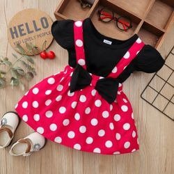 2-piece Baby/Toddler Girl Solid Ruffled Top and Bow Polka Dots Strap Skirt