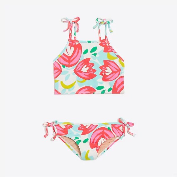 Girls' tie-shoulder tankini set in cactus print