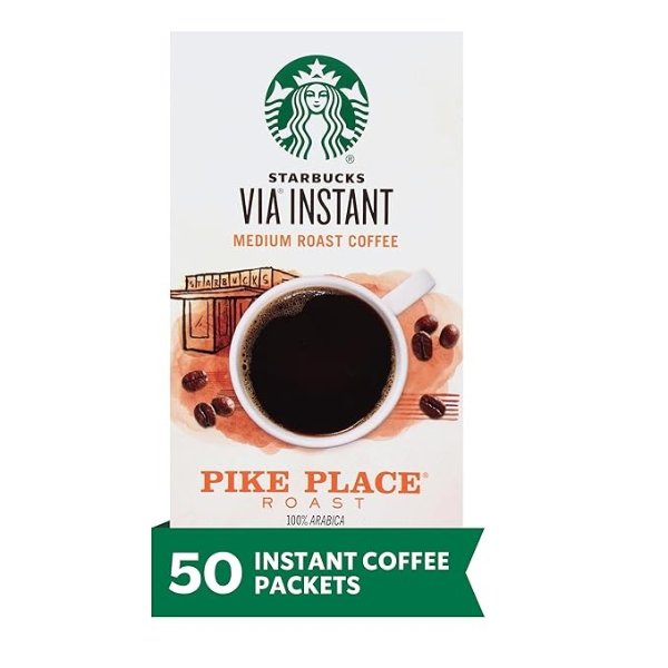 VIA Instant Pike Place Roast Medium Roast Coffee, 50 Count (Pack of 1)