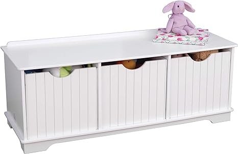 Nantucket Wooden Storage Bench with Three Bins and Wainscoting Detail - White, Gift for Ages 3+