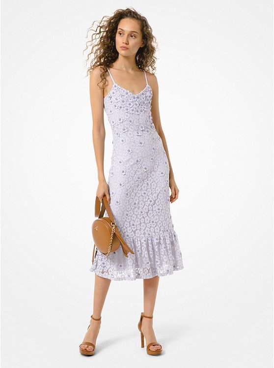 Embellished Corded Lace Ruffle-Hem Dress