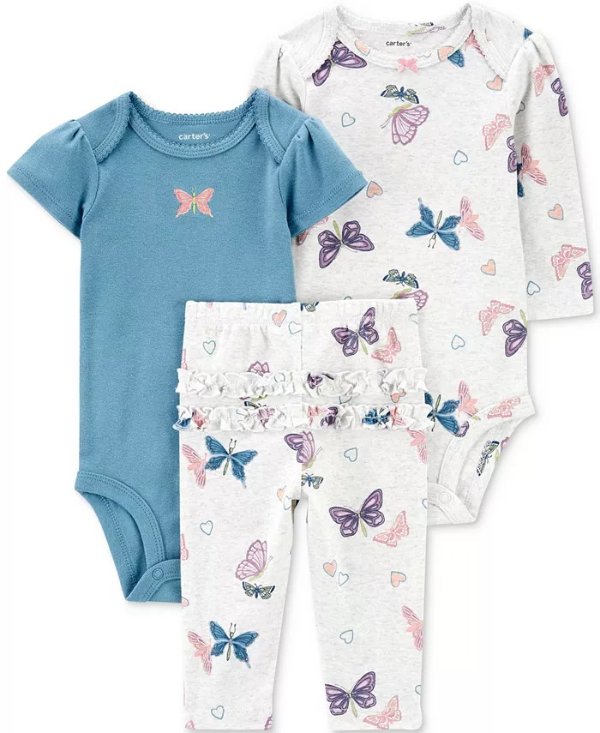 Baby Girls Butterfly Little Character Cotton Bodysuits and Pants, 3 Piece Set