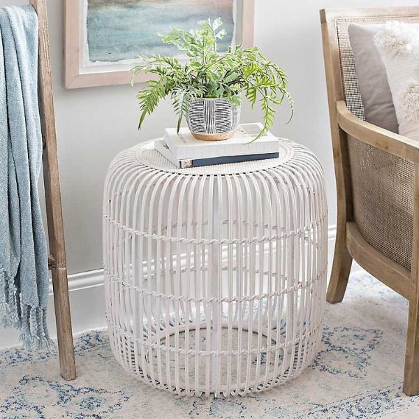 White Bamboo Drum Accent Table