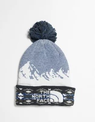 pom beanie in blue and white