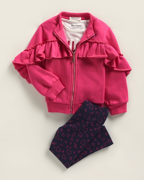 (Toddler Girls) 3-Piece Ruffled Fleece Jacket & Heart Print Leggings Set