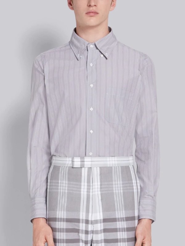 On sale- Medium Grey Poplin Hairline Stripe Long Sleeve Shirt | Shop Thom Browne official sale