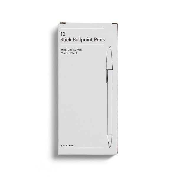 Baseline Ballpoint Stick Pens, Medium Point, Black Ink, Dozen (AA949S)